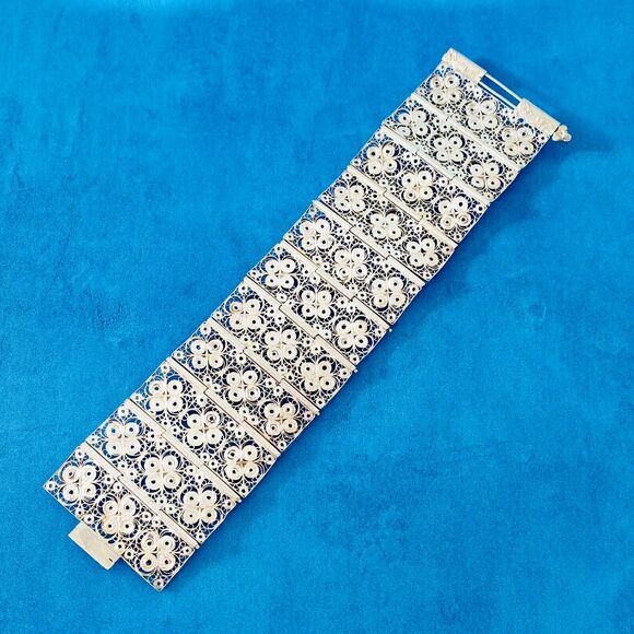 Vintage Wide Filigree Silver Bracelet Intricate Tile Design 1 3/4" W 7" L - Picture 5 of 9